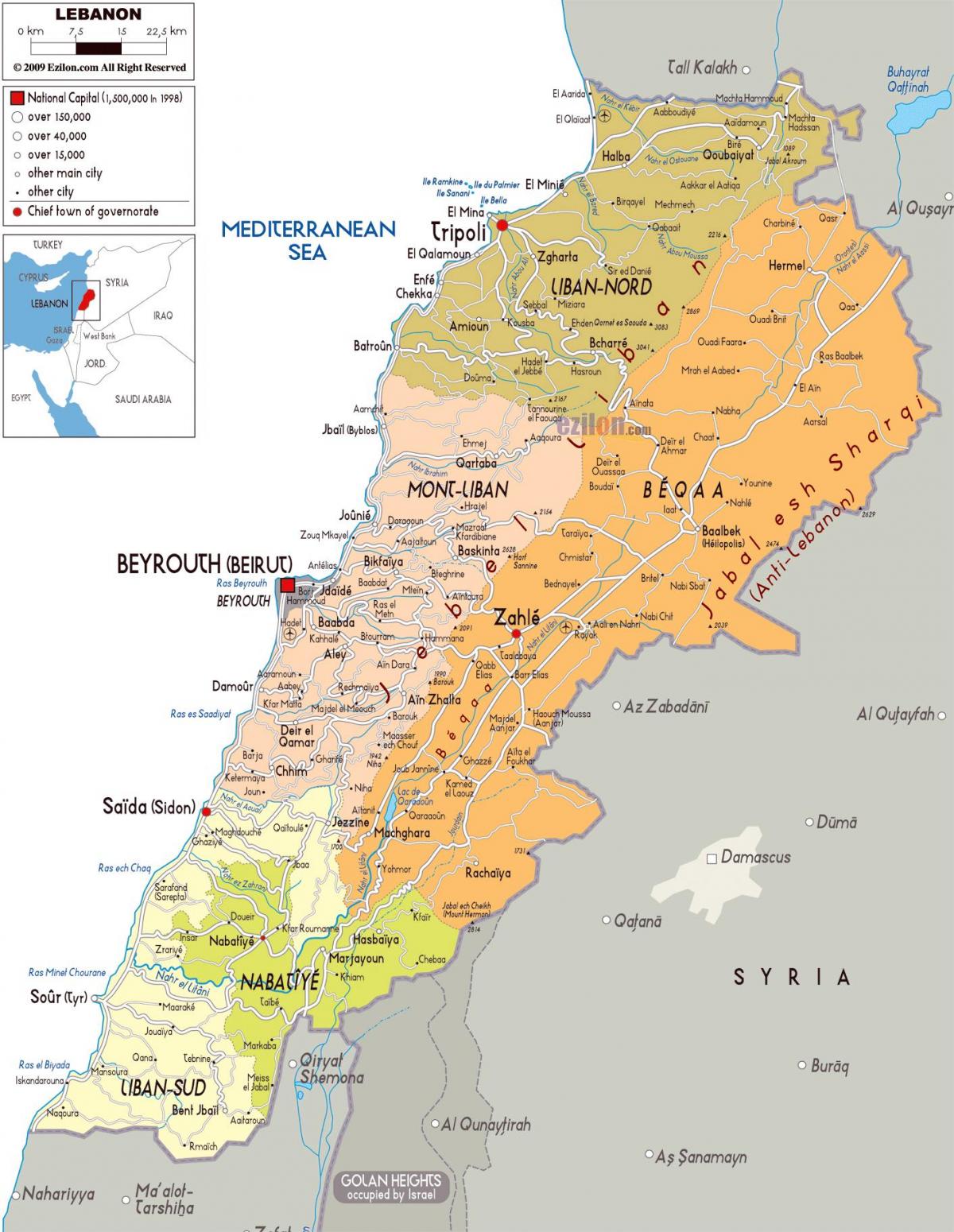 Lebanon bản đồ, chi tiết