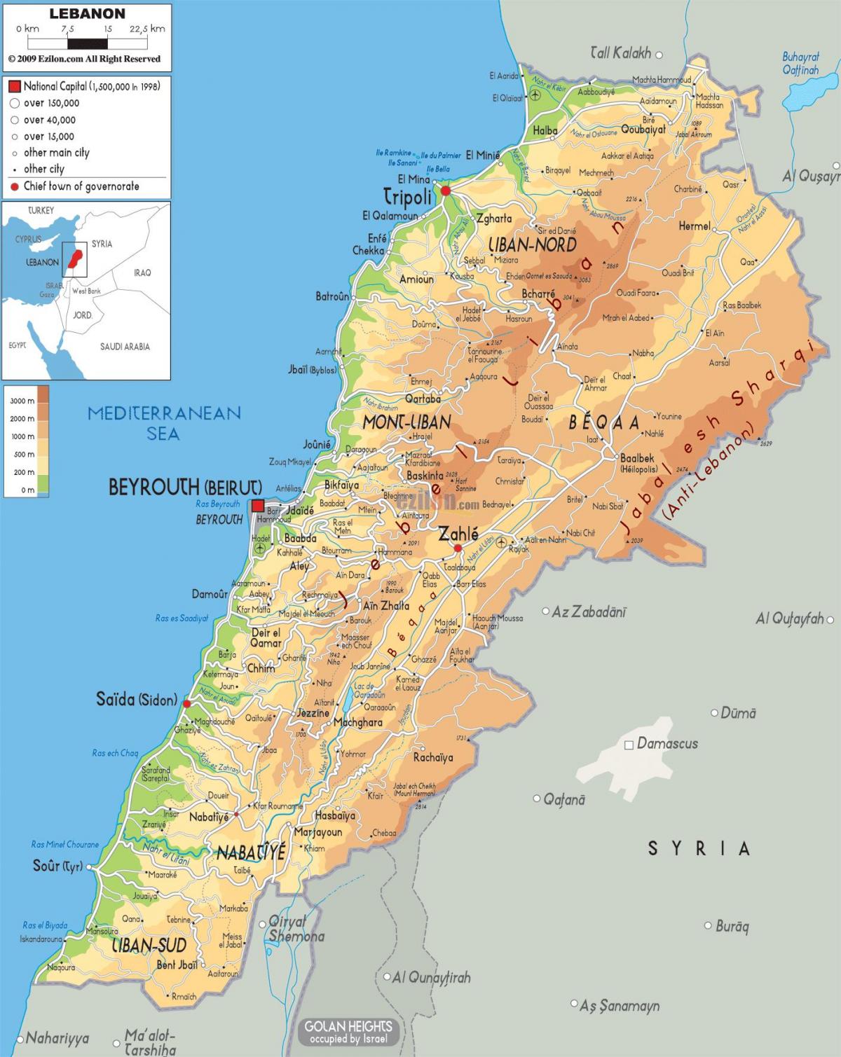 bản đồ của Lebanon vật chất