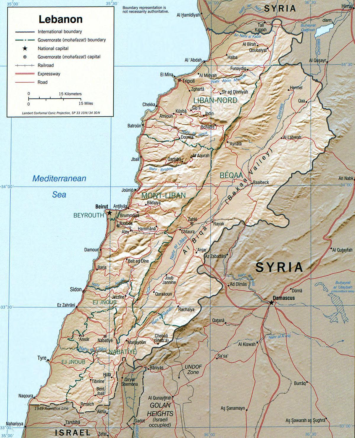 bản đồ của Lebanon địa lý
